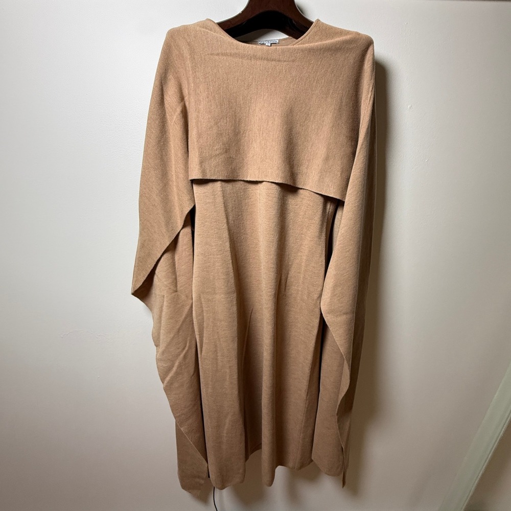 Halston Amal Merino Wool Cape Midi Dress Womens Large Camel Tan Minimalist